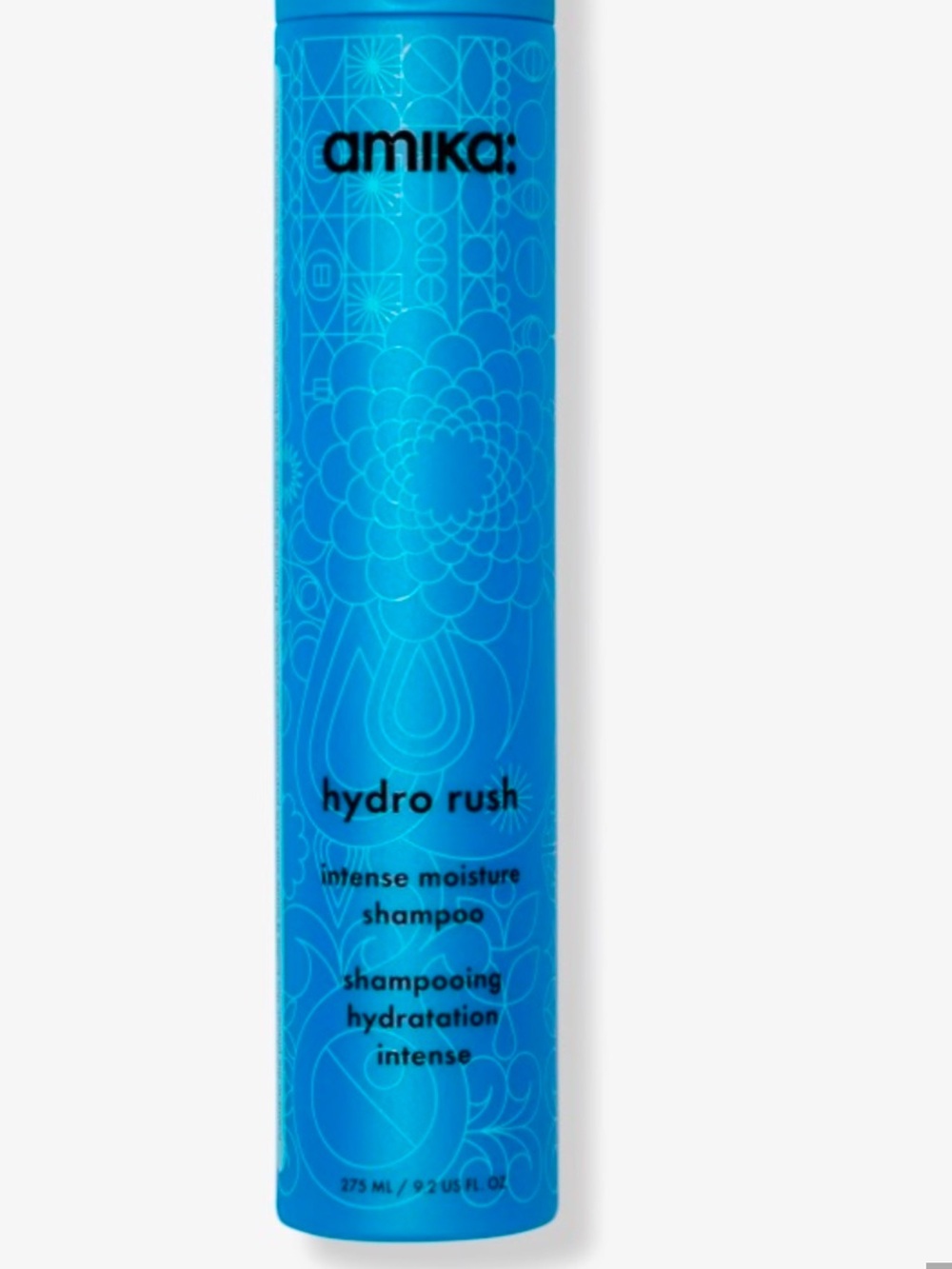 amika Hydro Rush Intense Moisture Shampoo - Vibrant Blue Bottle